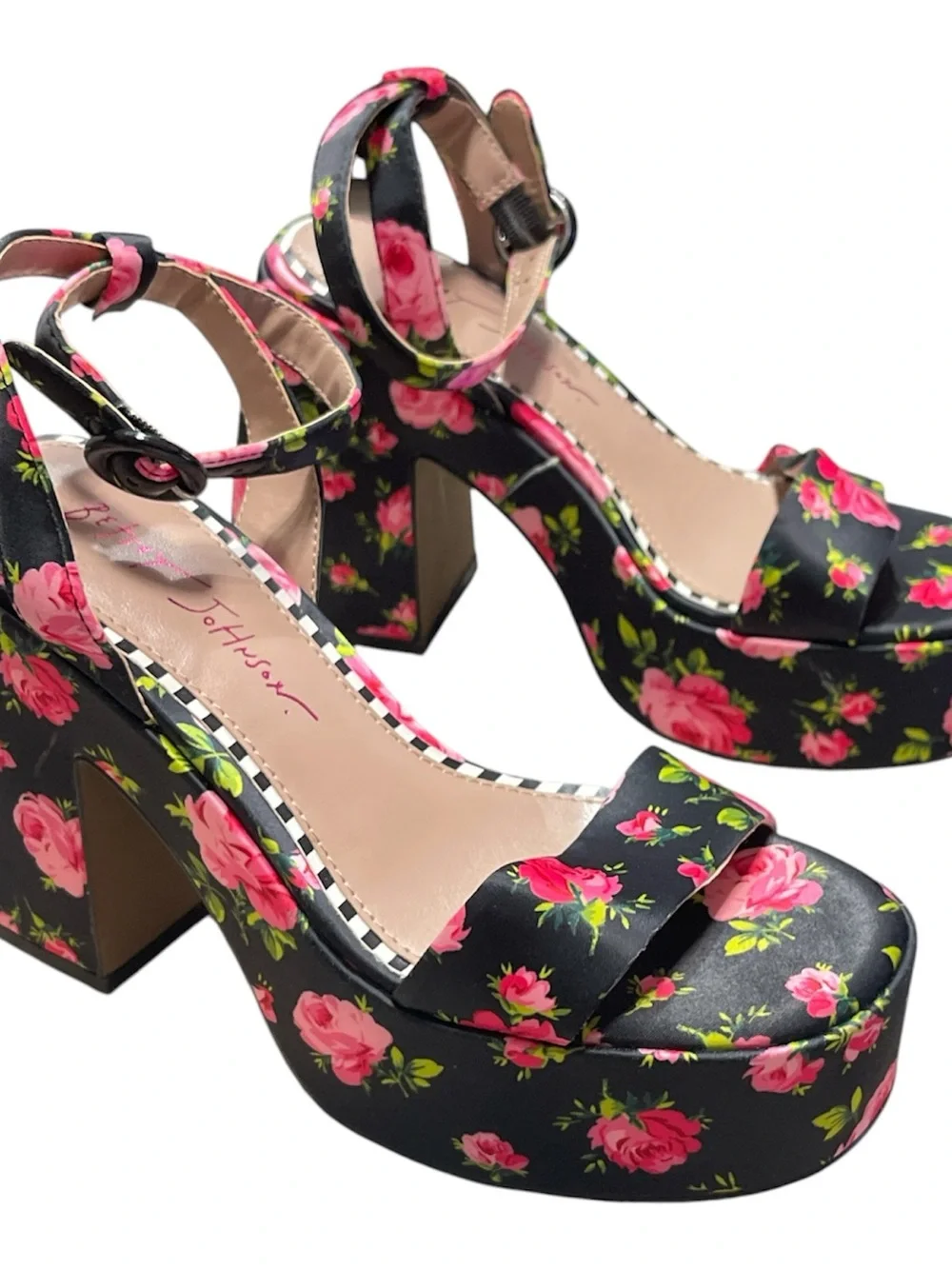 Floral Platform Block Heel Sandals - Black/Pink